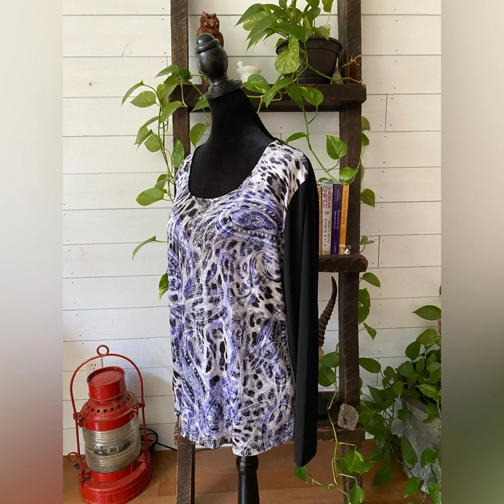 Chico’s: Black, White & Blue Paisley Pattern Blouse